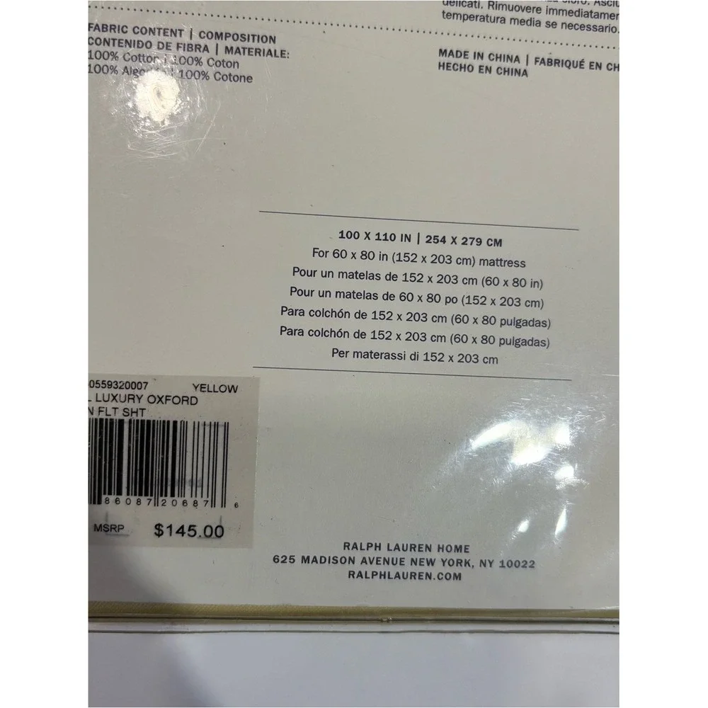 Ralph Lauren Luxury Oxford Yellow QUEEN Flat Sheet - New MSRP $145